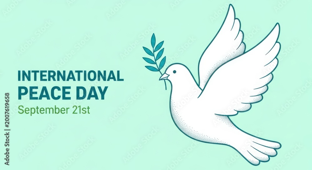 Obraz premium International peace day banner with a white dove holding an olive branch on a light teal background, celebrating september 21st