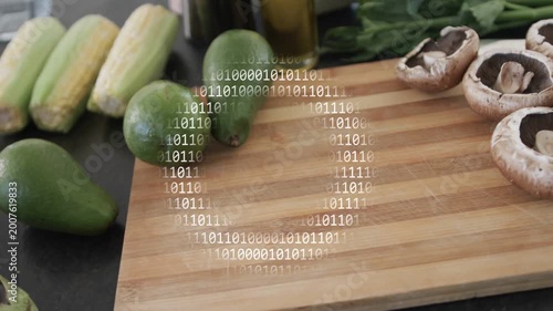 Binary overlay pulsing, bamboo board shifting left while veg showing recipe prep purpose