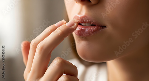 Close-up of a young woman applying lip balm to her dry, chapped lips.