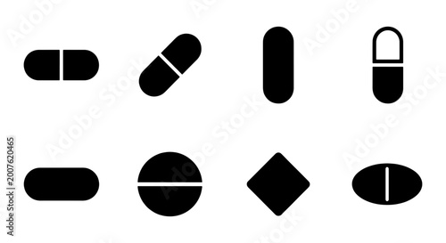Schilderij op canvas Collection of Eight Black Pill and Capsule Icons, Medical Healthcare Symbols, Ph