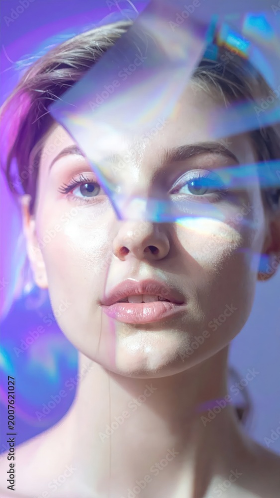 Obraz premium Portrait of a woman with light refracted through a prism. Soft focus and ethereal glow