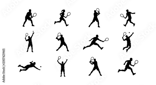 Foto Tennis Player Silhouettes: Dynamic Action Poses, Sports Graphics, Athlete Moveme