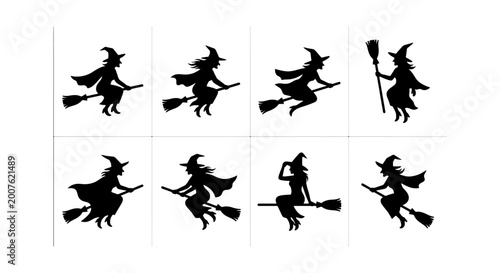 Foto Witch Flying Silhouettes, Halloween Icons Set, Magical Sorceress Vector Collecti
