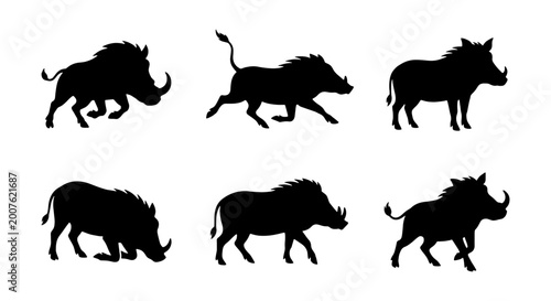 Warthog Silhouettes Collection, Six Diverse Poses, African Wildlife Vector Icons, Wild Boar Animal Graphics