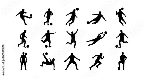 Schilderij op canvas Soccer Player Silhouettes Collection, Dynamic Action Poses, Football Game Icons,