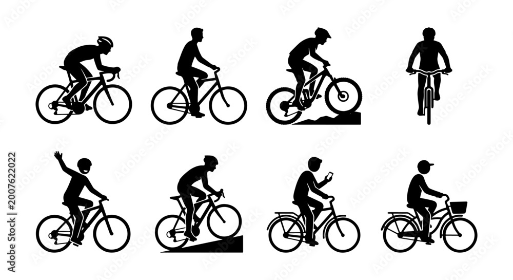 Obraz premium Cycling Silhouettes Collection: Diverse Rider Poses, Road & Mountain Bikes, Sport & Leisure Activities, Vector Icons for Fitness & Outdoor Graphics
