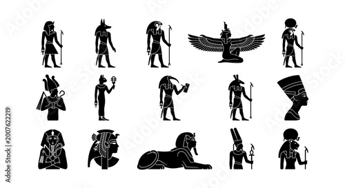 Tableau sur toile Ancient Egyptian Gods and Figures Vector Icons Set, Pharaohs, Sphinx, Hieroglyph