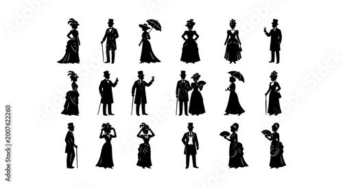 Fotografia Victorian Era Silhouettes Collection, 25 Vintage People Vector Icons, Elegant Hi