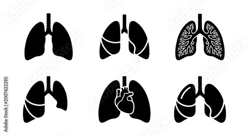 Fotografía Set of Six Black Silhouette Lung and Respiratory System Icons, Medical Anatomy I