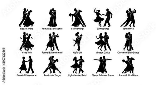 Photos Ballroom Dance Silhouettes, 15 Elegant Poses Vector Set: Romantic Waltz, Tango,