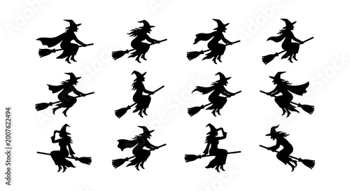 Tableau sur toile Halloween Witch Silhouettes, 12 Flying Witch Icons, Spooky Witchcraft Vector Gra