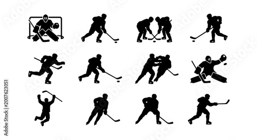 Photography Ice Hockey Player Silhouettes Collection: Action Poses, Goalie, Puck, Stick, Net