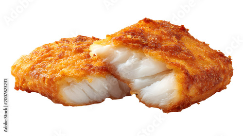 Crispy fried fish fillet with golden crunchy coating and flaky white interior, isolated on white background.