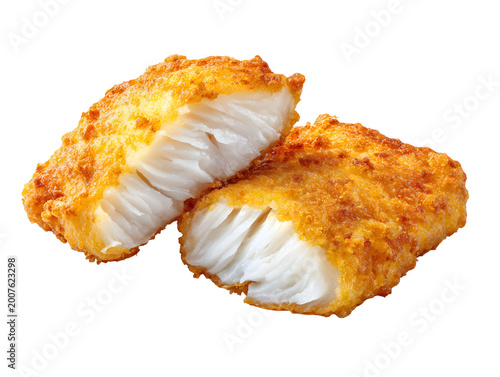 Crispy fried fish pieces with golden coating and flaky white interior, isolated on white background.