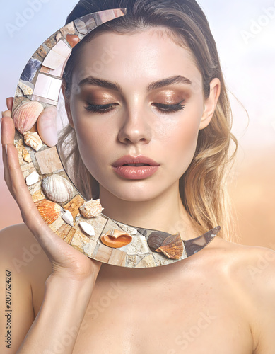 Woman with Moon Mosaic Accessory, Makeup Detail, Soft Light, Stock Media