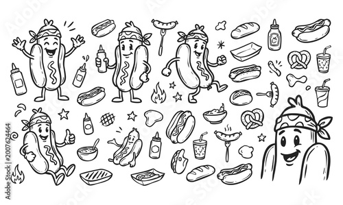 Obraz na płótnie Vector doodle set of hotdog mascots with street food elements