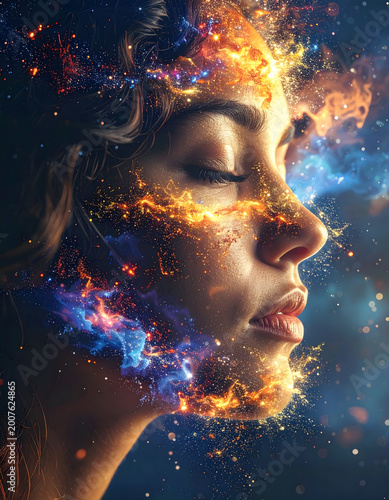 Woman's Face Transformed by Cosmic Nebula and Stars, Representing Imagination and Inner Universe, Stock Media