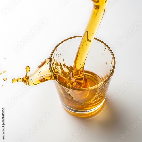 Golden liquid pouring into a glass cup