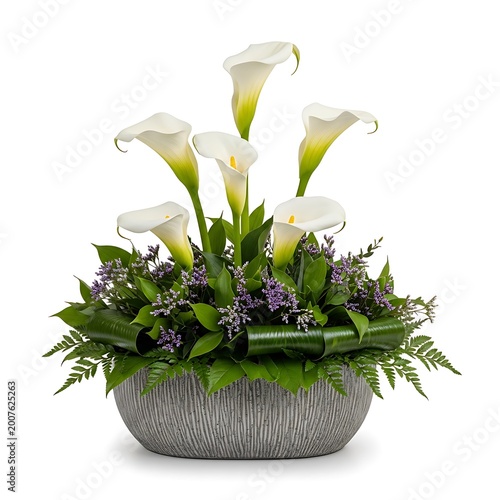 White calla lilies in a gray pot with green leaves