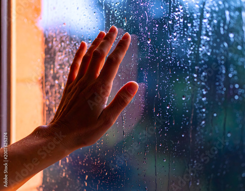 Woman's Hand Touching Rainy Window Pane with Water Droplets and Blurred Lights, Moody Atmosphere, Stock Media