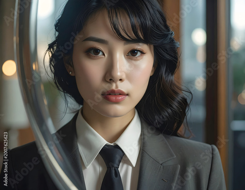 Young Asian businesswoman in formal suit and tie, looking forward with a confident expression, soft bokeh background, stock media