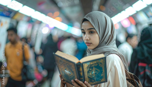 Young Muslim woman in hijab reading a book on a crowded train, stock media