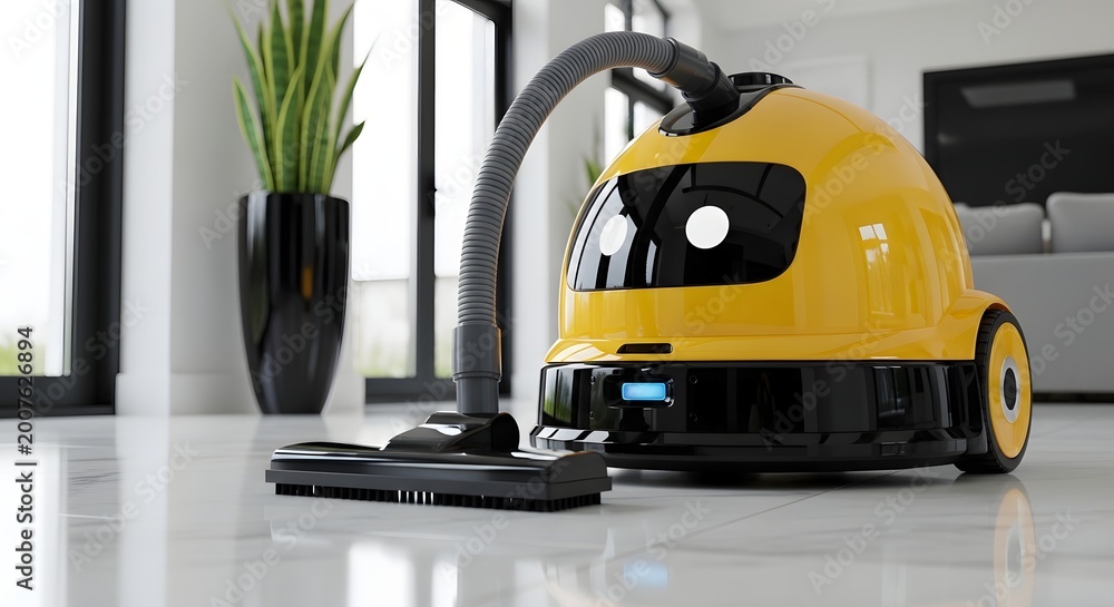 Fototapeta premium Modern yellow canister vacuum cleaner on bright marble floor in a luxury living room.