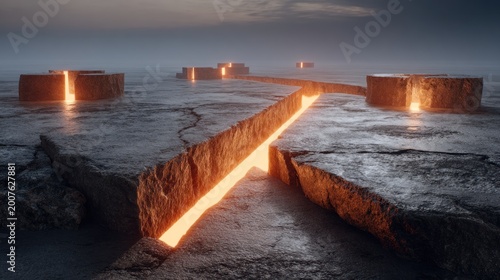 Surreal Landscape with Glowing Lava Bridge and Circular Structures.