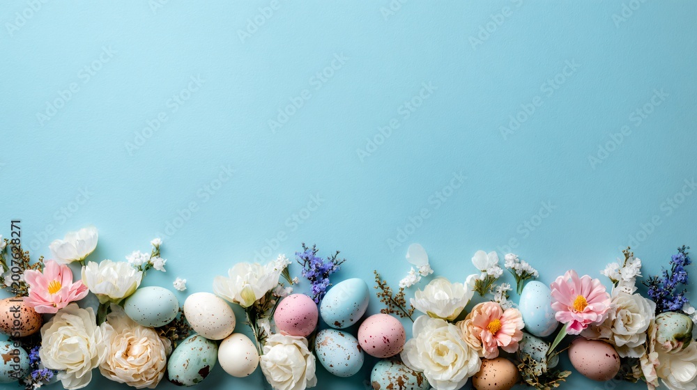 Obraz premium Baby blue pastel background with flowers and eggs forming a thin border along the bottom, top area empty, high-key stock style
