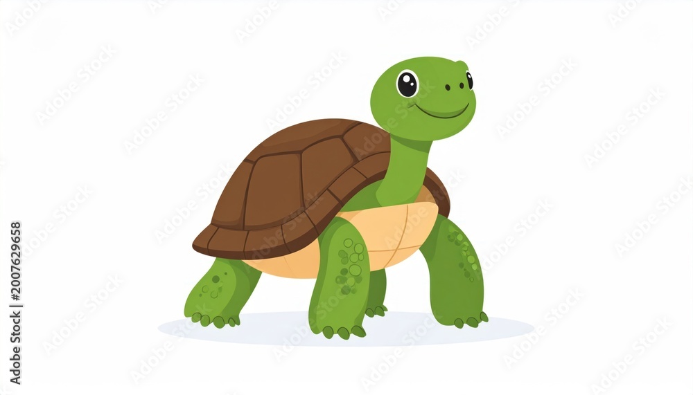 Obraz premium Cartoon illustration of a friendly green turtle with a brown shell, smiling on a white background