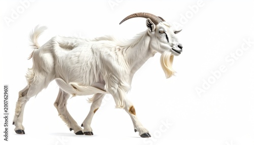 A white goat with curly horns, beard, and flowing tail, captured in motion against white