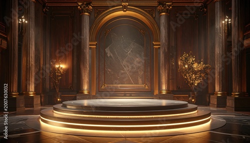 Opulent stage with marble and gold accents, framed by columns, bathed in warm lighting