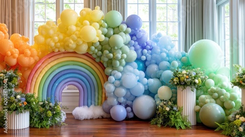 Vibrant Rainbow Balloon Arch and Garland Decoration for Festive Events.