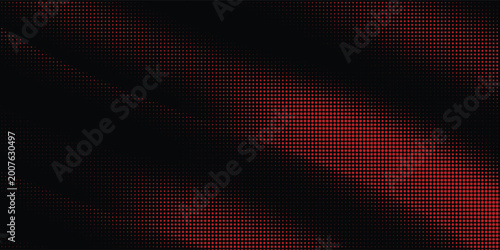 Flowing dots wave pattern of red particles isolated on black background. Vector in technology, science, music, modern concept.