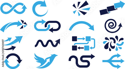 Set of arrow and directional icons symbolizing movement progress and direction.