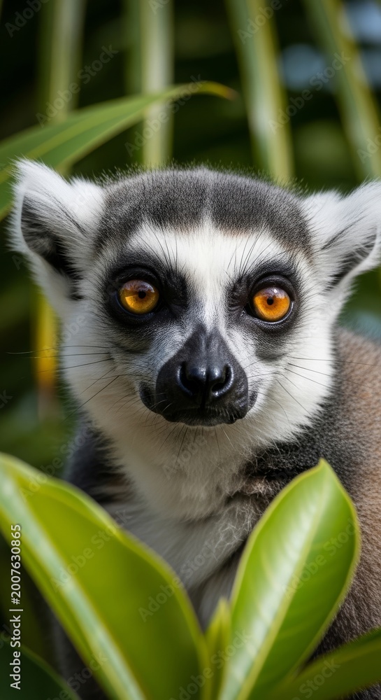 Fototapeta premium Ringtailed Lemur with Big Orange Eyes Gazing Out