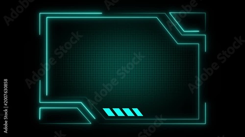 Geometric frame animation with teal neon grid. Geometric frame futuristic hud interface. Geometric frame technology display graphic on black background.