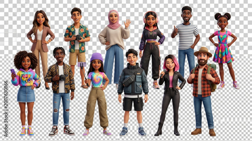 Group of diverse 3D cartoon social media influencers and content creators standing
