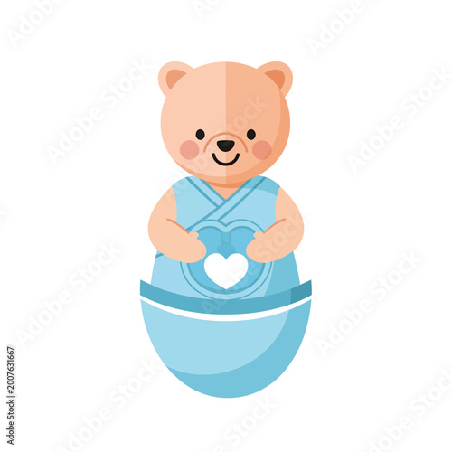 Cute cartoon teddy bear in blue baby clothes vector illustration