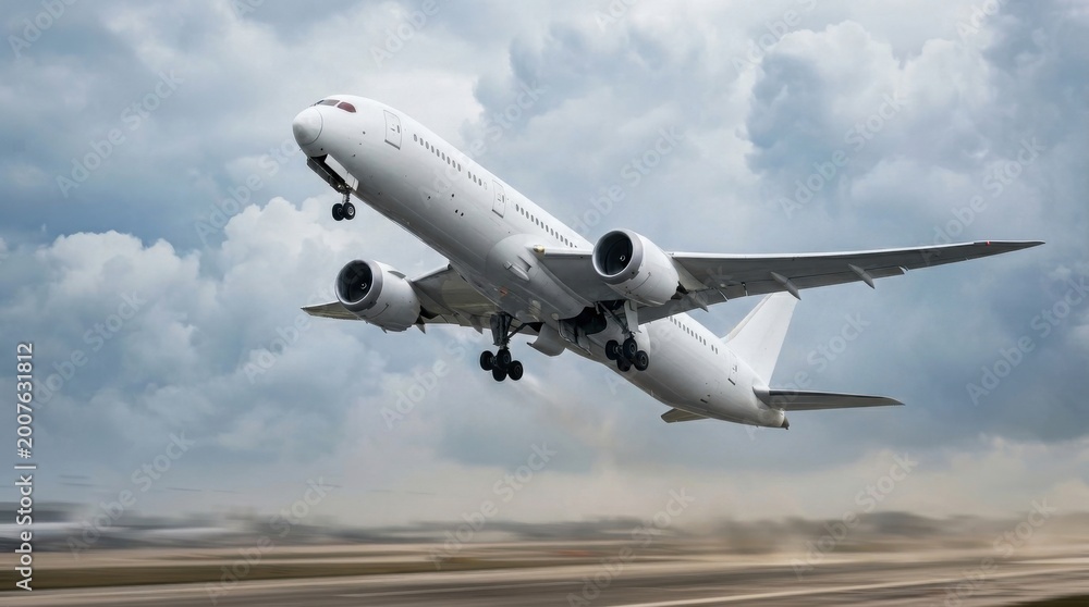 Obraz premium White Commercial Passenger Jet Taking Off from Airport Runway against Dramatic Cloudy Sky - Modern Aviation and International Travel Concept
