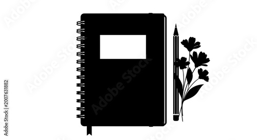 Minimalist black silhouette of spiral notebook with pencil and flower