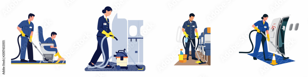 Ταπετσαρία Illustration set of professional aircraft cabin cleaning service crew using industrial vacuum cleaners to maintain hygiene and cleanliness