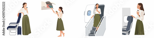 Foto Vector illustration set of a fashionable woman traveling by airplane, boarding, sitting in cabin, and handling luggage while holding a perfume bottle