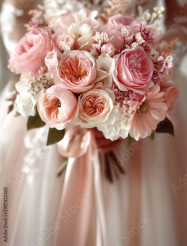 Elegant bridal bouquet with pink roses and peonies for wedding ceremony