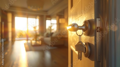 House keychain in door handle opening into sunlit minimalist interior modern digital illustration for real estate marketing