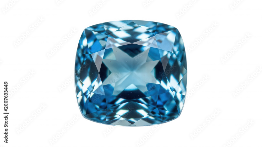 Fototapeta premium A cushion cut blue topaz gemstone with multifaceted surface reflections isolated on a solid black background, view perspective