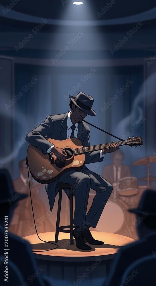 Fototapeta premium A jazz musician performing on stage with a guitar in a dimly lit club.