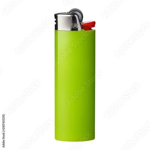 Fotografie Green plastic lighter, isolated on cutout transparent background