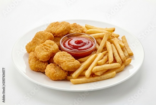 Commercial Fast Food Plate with Nuggets, Fries and Ketchup on White Background