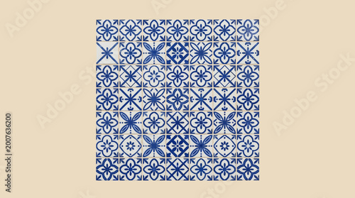 A traditional blue and white patterned tile design on a beige background
